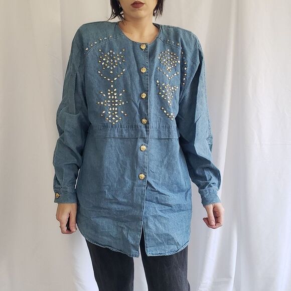 Vintage Tops - 90s Saint Germain Bedazzled Denim Shirt‎